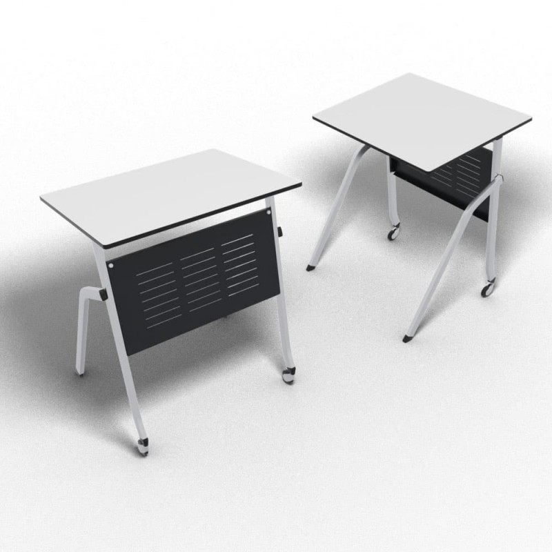 Lot de deux tables pliantes empliables, 4 pieds dont 2 à roulettes, tables 1 place