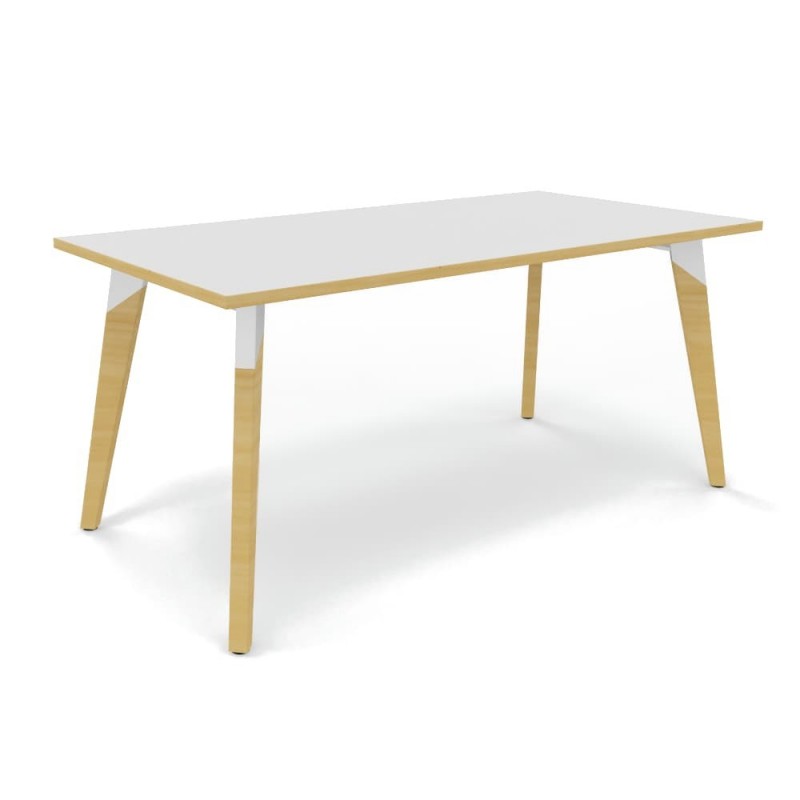 Table rectangulaire avec plateau stratifié, pieds en bois, structure en métal